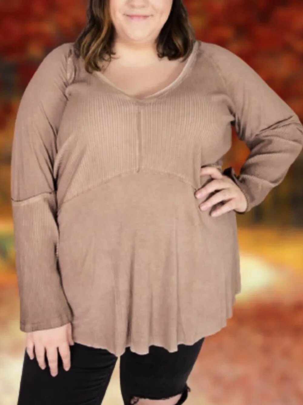 POL Ribbed V-Neck Casual Top Tan Women 3XL